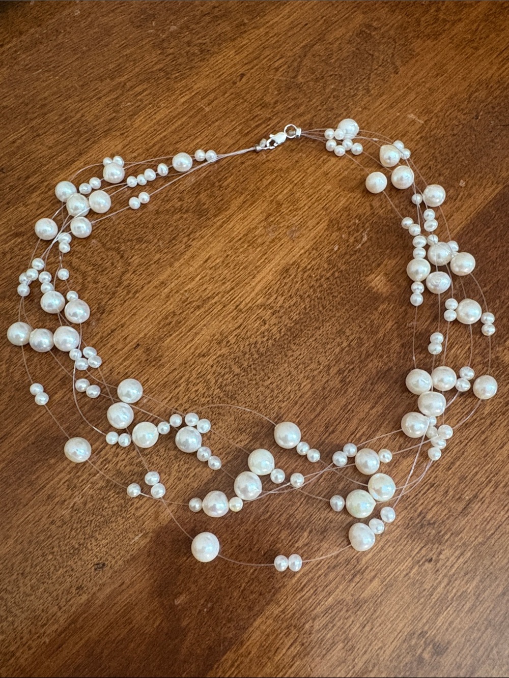 14K Clasp And White Pearl Multi-Strand Illusion Necklace